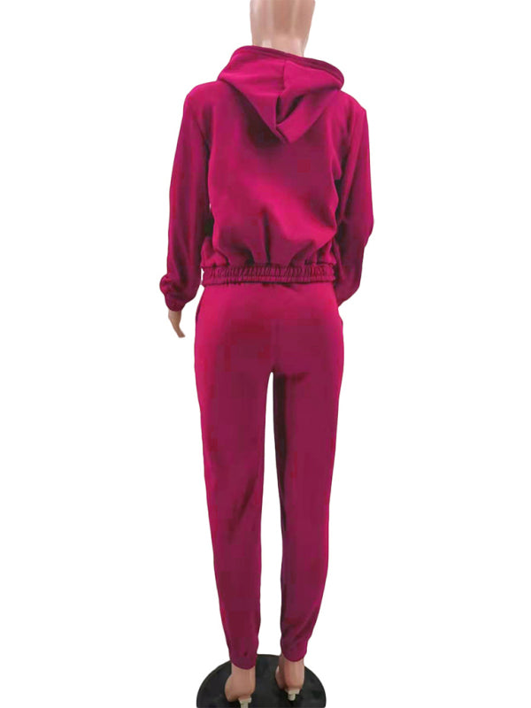 Women's Knitted Casual Sports Fleece Hooded Three-piece Suit