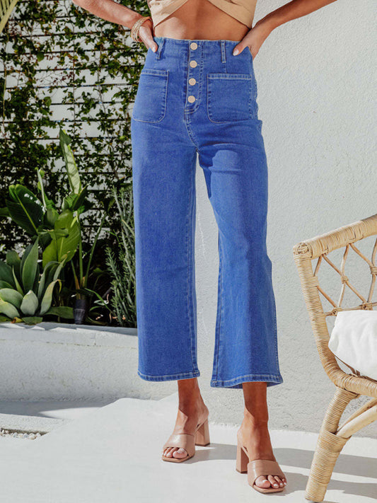 Retro Loose Straight Single-Breasted High-Waist Wide-Leg Jeans Crop Pants
