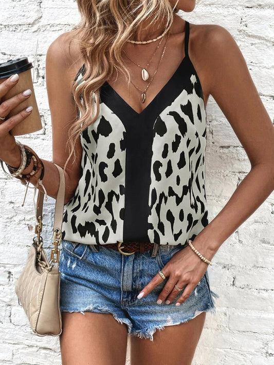 Women's V-neck leopard print stitching solid color camisole top