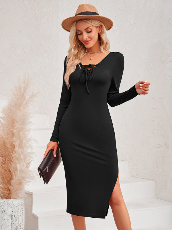 New casual women's fashion solid color collar tie sexy knitted dress