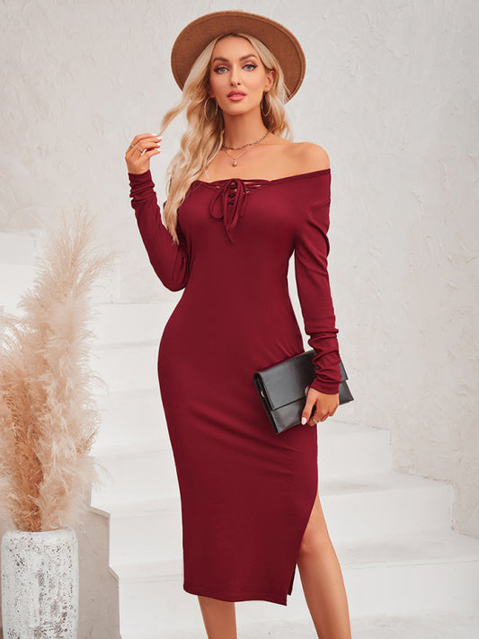 New casual women's fashion solid color collar tie sexy knitted dress