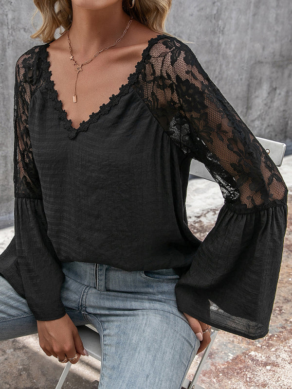 Women's solid color splicing lace hollow V-neck long-sleeved top