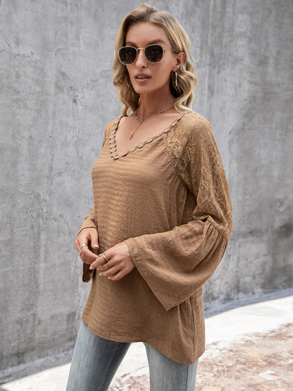Women's solid color splicing lace hollow V-neck long-sleeved top