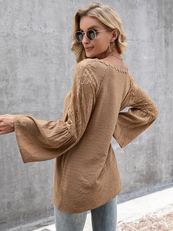 Women's solid color splicing lace hollow V-neck long-sleeved top
