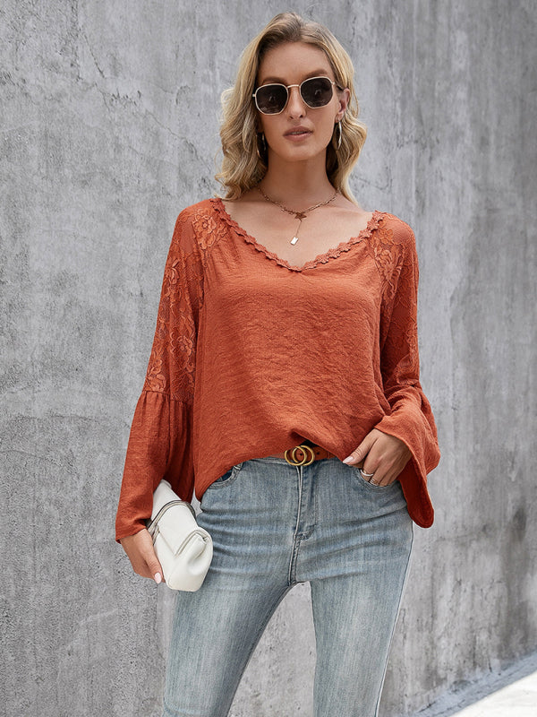 Women's solid color splicing lace hollow V-neck long-sleeved top