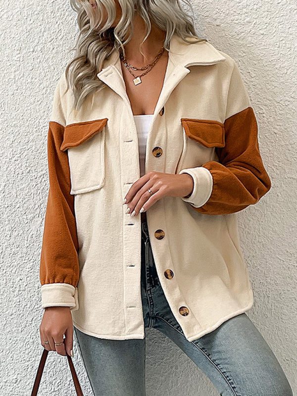 Women's fashion lapel color-block long-sleeved polar fleece jacket