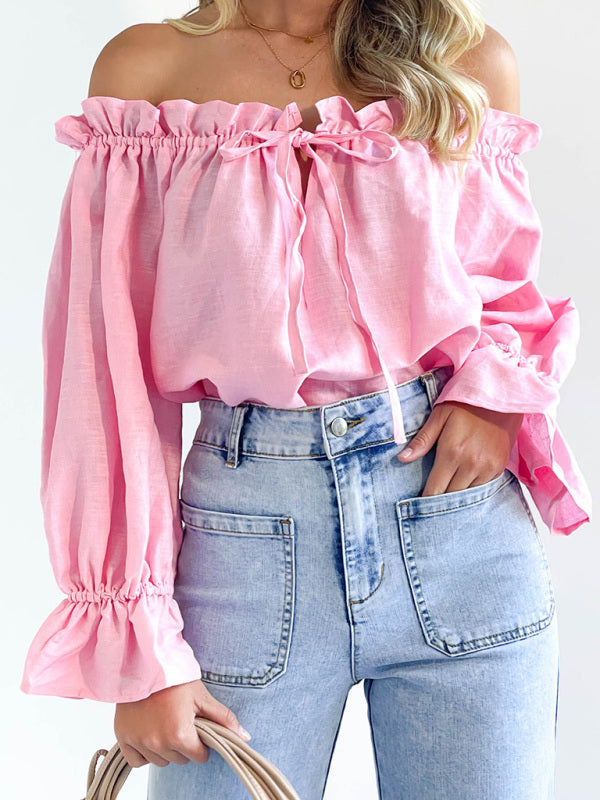 Elegant Bandage Loose Casual One Shoulder Balloon Sleeve Top