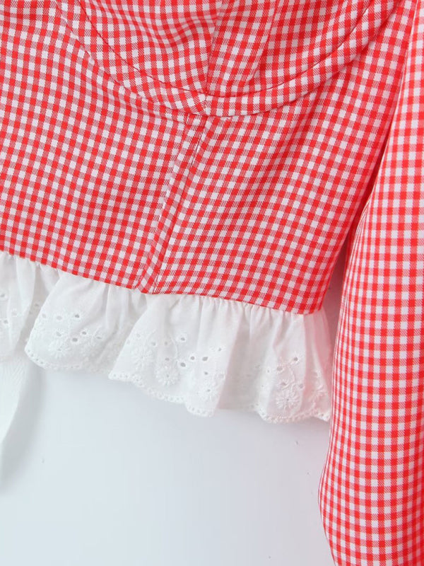 New Lace Plaid Tie Top Lantern Sleeve Short Shirt