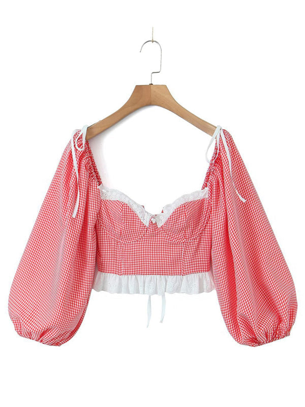 New Lace Plaid Tie Top Lantern Sleeve Short Shirt