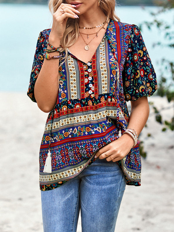 New Ladies Casual Bohemian Printed Shirt Top