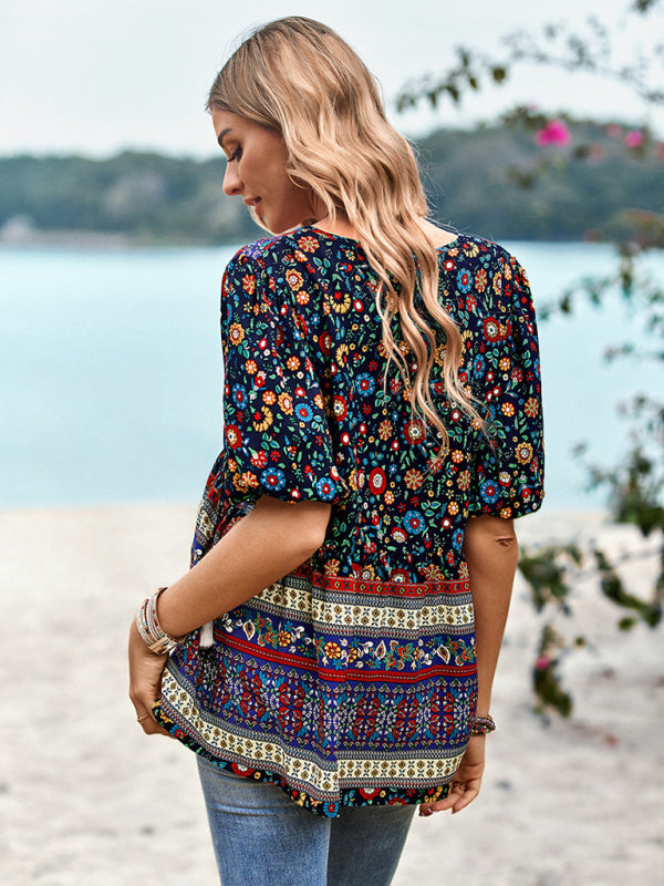 New Ladies Casual Bohemian Printed Shirt Top