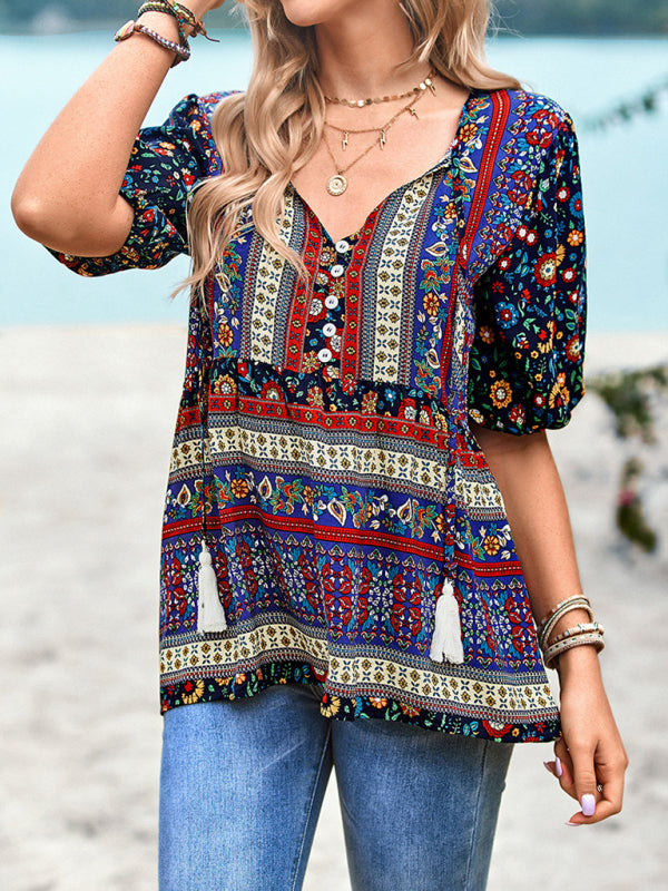 New Ladies Casual Bohemian Printed Shirt Top