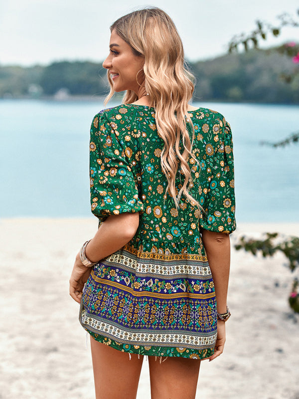 New Ladies Casual Bohemian Printed Shirt Top