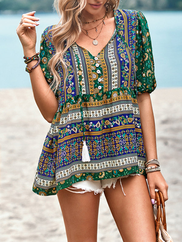New Ladies Casual Bohemian Printed Shirt Top