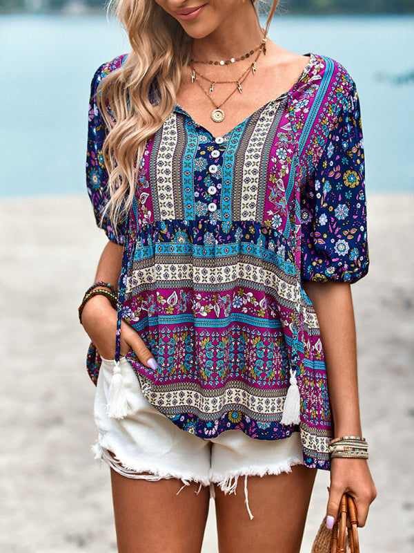 New Ladies Casual Bohemian Printed Shirt Top