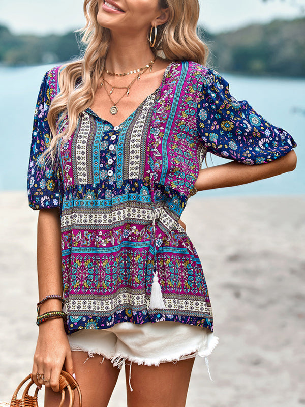 New Ladies Casual Bohemian Printed Shirt Top