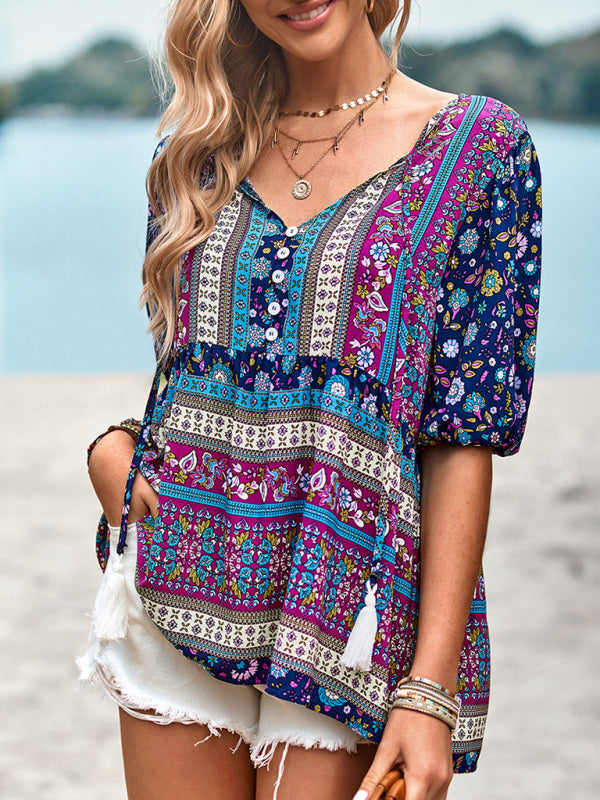 New Ladies Casual Bohemian Printed Shirt Top