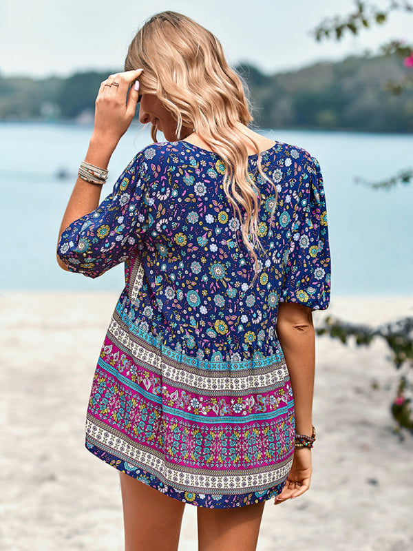 New Ladies Casual Bohemian Printed Shirt Top
