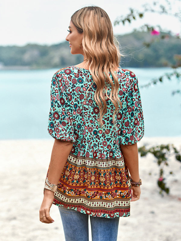 New Ladies Casual Bohemian Printed Shirt Top
