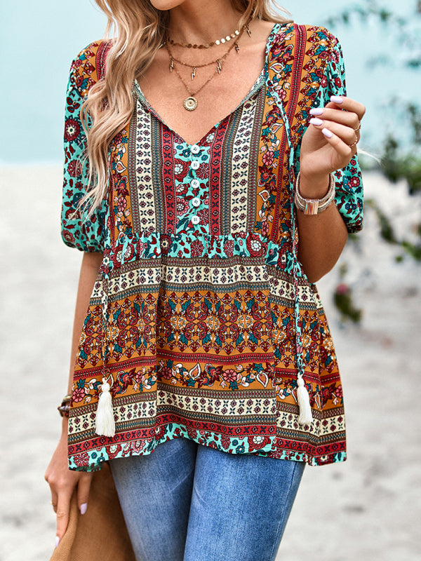New Ladies Casual Bohemian Printed Shirt Top