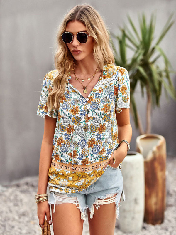 New Ladies Casual Bohemian Printed Shirt Top