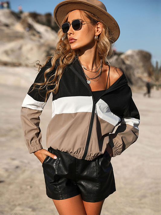 New women's long-sleeved hooded short color block windbreaker