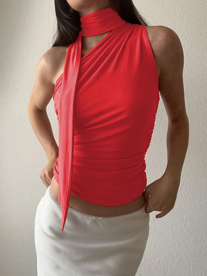 Casual all-match slim-fit one-shoulder streamer design solid color sleeveless vest top