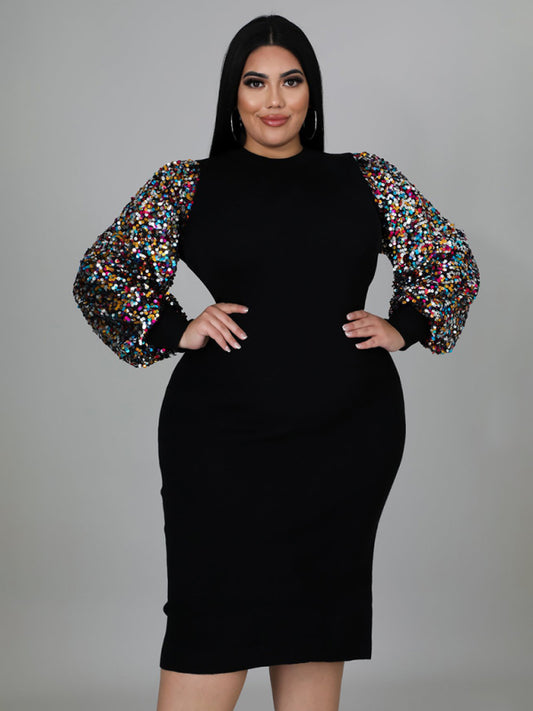 New Plus Size Ladies Sexy Solid Color Sequin Puff Sleeve Dress