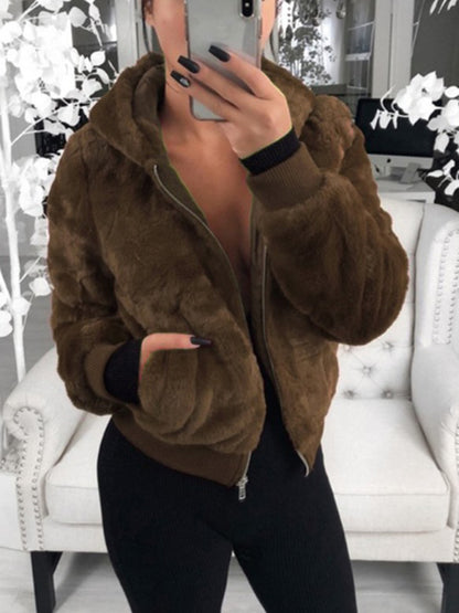 Autumn and winter furry long-sleeved hooded plush top long coat