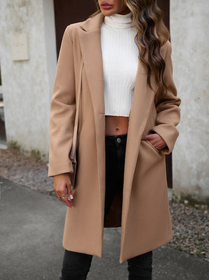 Women's fashion woolen coat solid color temperament commuter cardigan coat