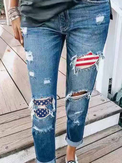 New Ladies Jeans Ripped American Flag Print Trousers