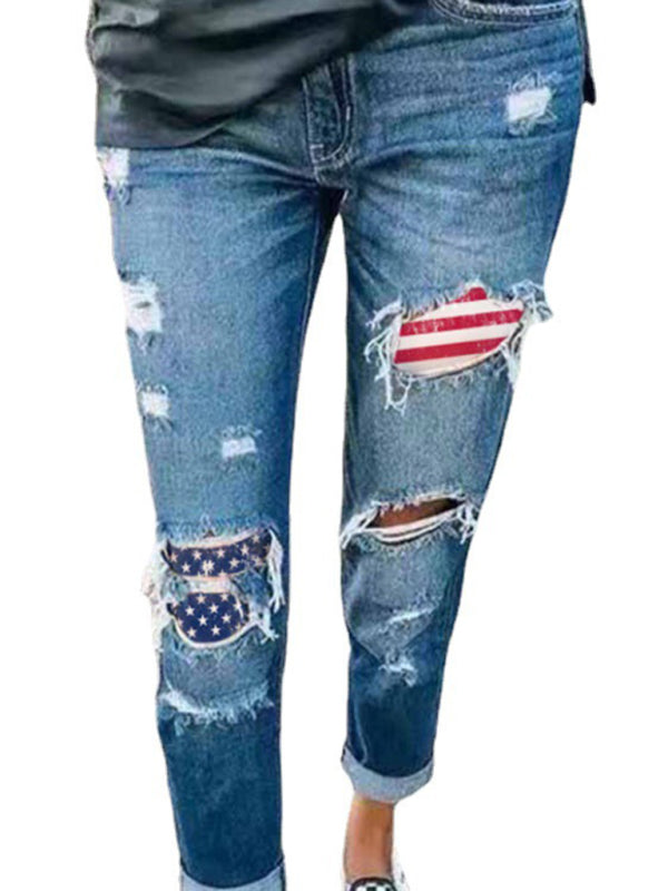 New Ladies Jeans Ripped American Flag Print Trousers