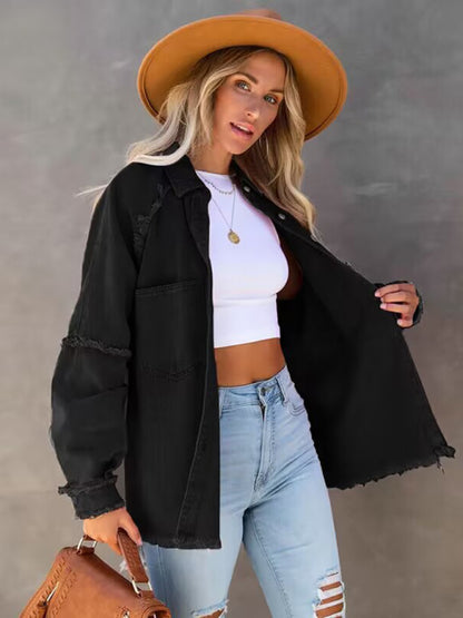 Casual Fringed Ripped Loose Denim Jacket