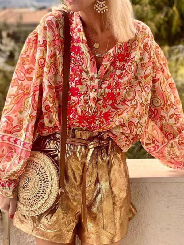 Ladies Print Fashion Casual Floral V Neck Button Down Long Sleeve Shirt