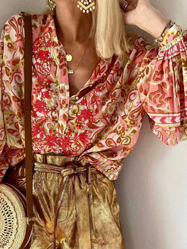 Ladies Print Fashion Casual Floral V Neck Button Down Long Sleeve Shirt