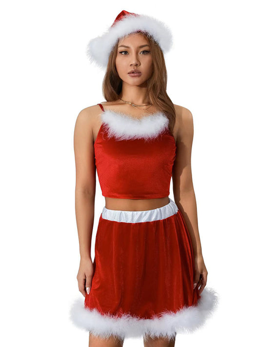 New off-shoulder Christmas red suspender feather Christmas skirt (including hat)