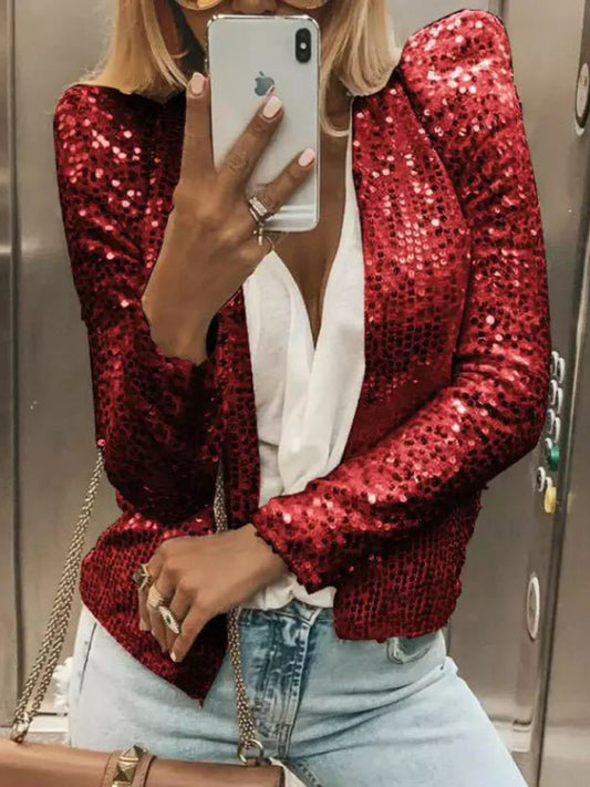 Women's fashion round neck solid color sequined short coat casual all-match small coat