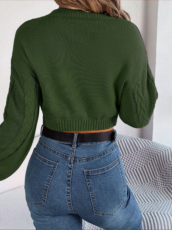 New autumn and winter casual solid color twist long-sleeved pullover navel-baring sweater