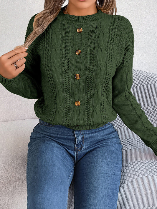 New casual solid color button twist long-sleeved pullover sweater