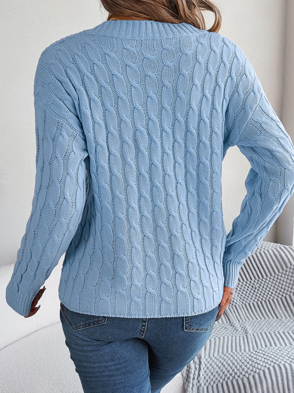 New casual solid color twist long-sleeved V-neck sweater