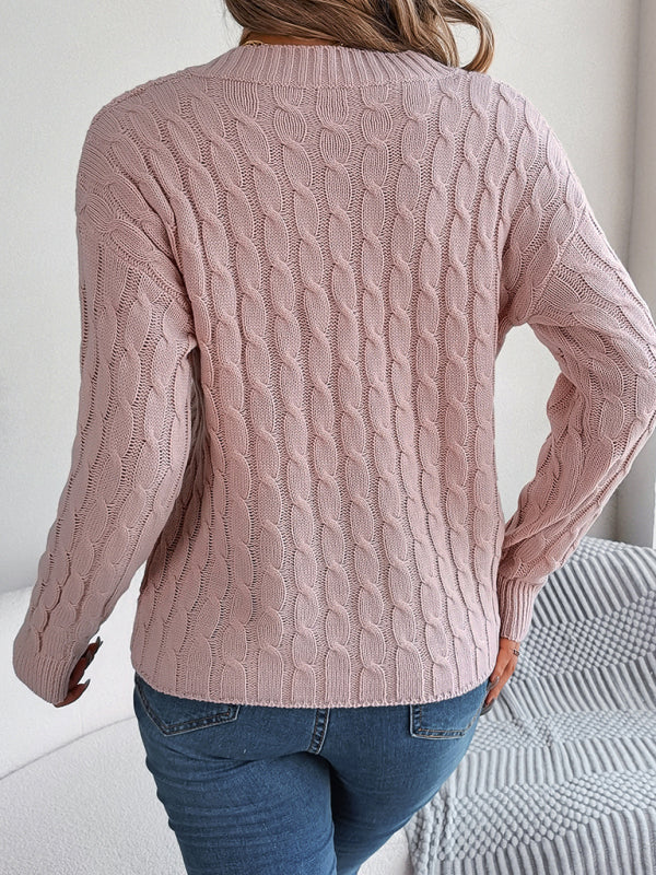 New casual solid color twist long-sleeved V-neck sweater