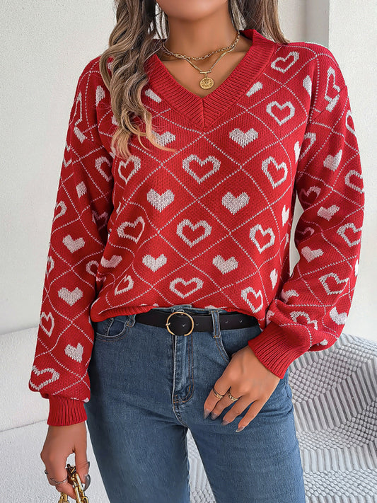 New sweet contrasting color heart lantern sleeve pullover sweater