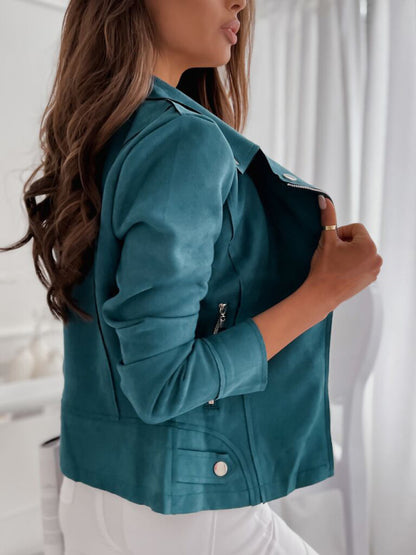 Women's lapel studded diagonal zipper buckskin jacket