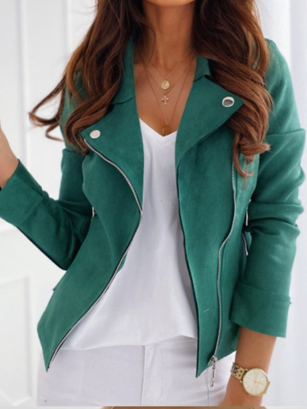 Women's lapel studded diagonal zipper buckskin jacket