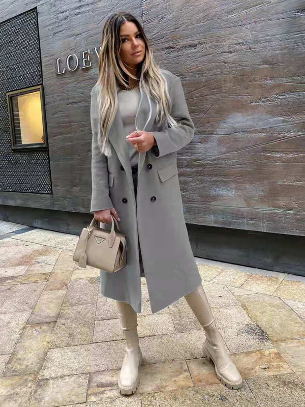 women's long sleeve suit collar double breasted woolen coat coat