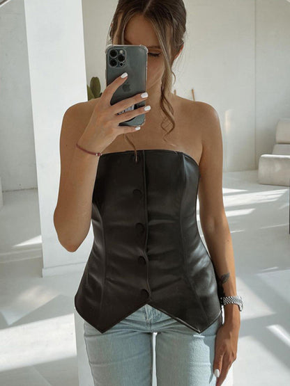 New PU leather single-breasted bateau collar slim and sexy backless tube top