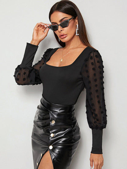 Square neck sexy backless long sleeve bodysuit