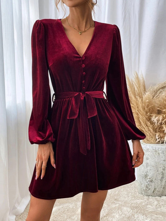 New V-neck waist A-line skirt long-sleeved velvet sexy banquet dress