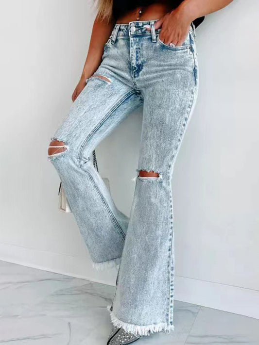 Women's Ripped Jeans Micro-Boom Washed High Waist Pants