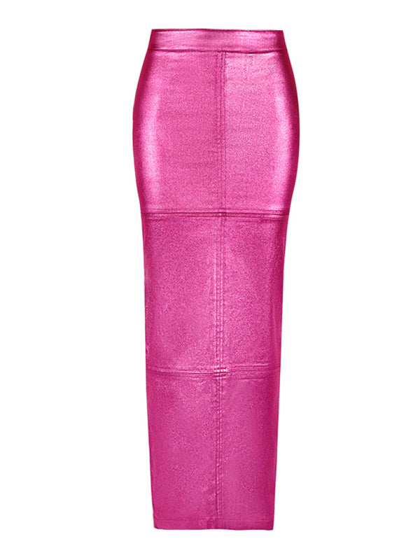 Women's Slim Fit Hip Covering Spliced Slit PU Leather Skirt